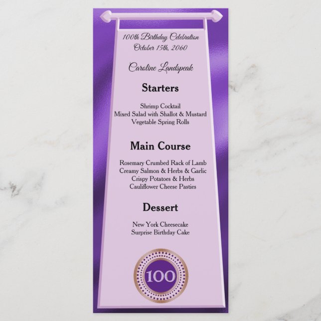 Lycklig 100:e födelsedagen Lila Glitter Foil Menu Meny (Framsida)