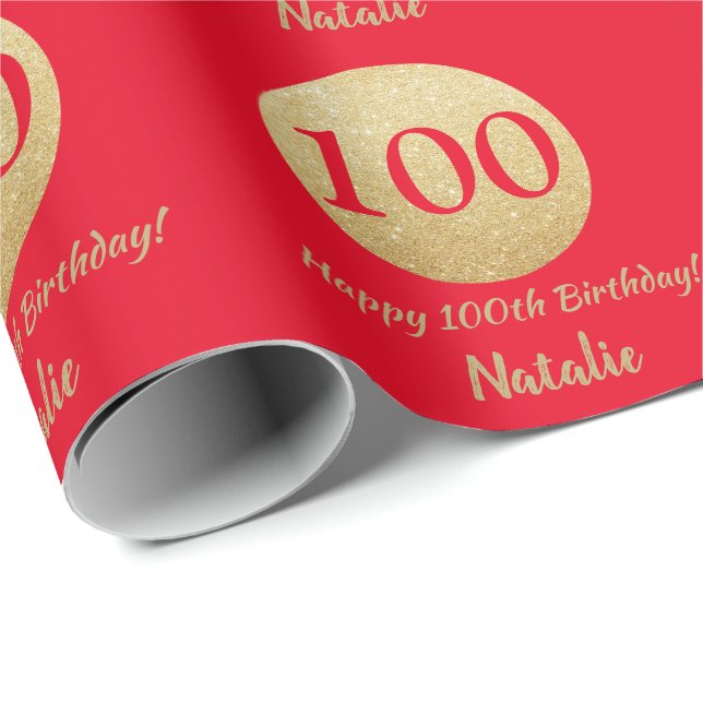 Lycklig 100:e födelsedagen Röd och Guld Glitter Presentpapper (Rullad Hörn)