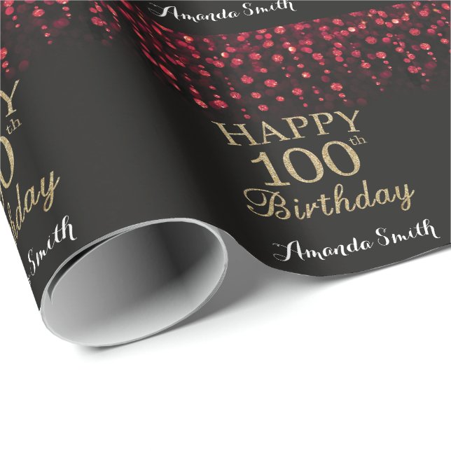 Lycklig, 100:e födelsedagen, rödsvart och Guld Gli Presentpapper (Rullad Hörn)