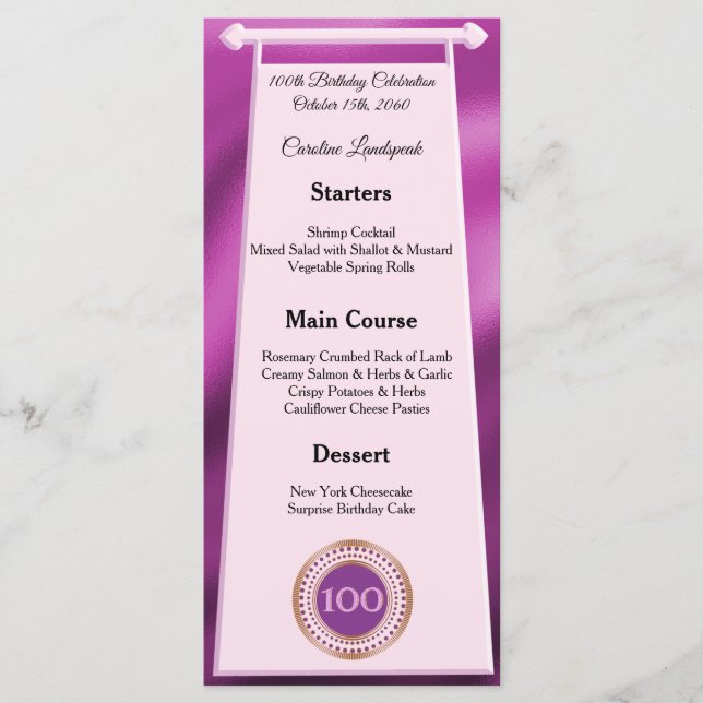 Lycklig 100:e födelsedagen Rosa Glitter Foil Menu Meny (Framsida)