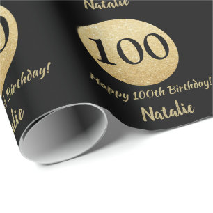 Lycklig, 100:e födelsedagen, svart och Guld Glitt Presentpapper