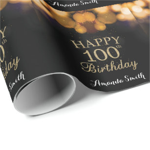 Lycklig, 100:e födelsedagen, svart och Guld Glitt Presentpapper