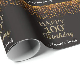 Lycklig, 100:e födelsedagen, svart och Guld Glitte Presentpapper