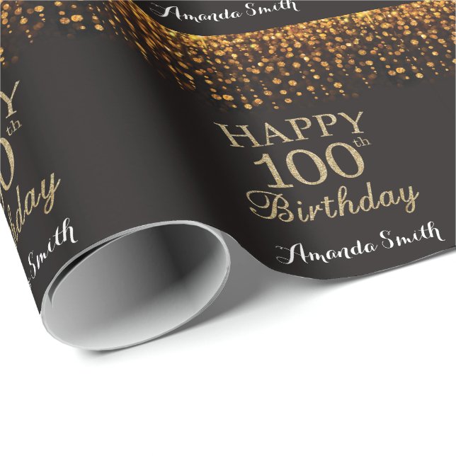 Lycklig, 100:e födelsedagen, svart och Guld Glitte Presentpapper (Rullad Hörn)