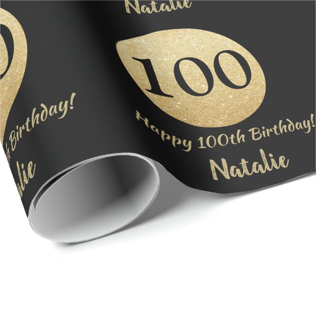 Lycklig, 100:e födelsedagen, svart och Guld Glitte Presentpapper (Rullad Hörn)