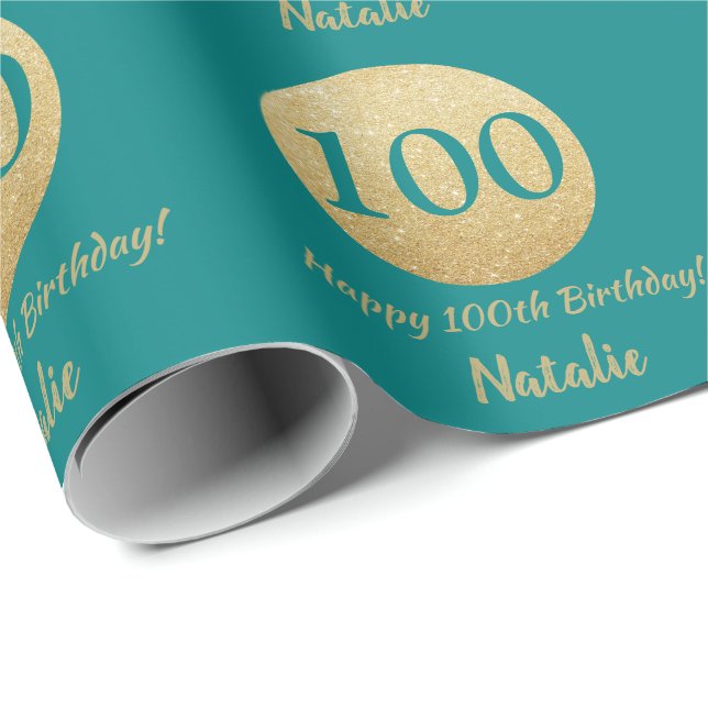 Lycklig 100:e födelsedagen Teal och Guld Glitter Presentpapper (Rullad Hörn)