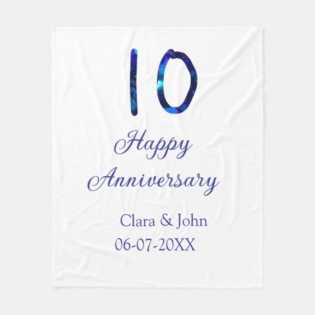 Lycklig 10-årsdagen blått glitter lägg till namn fleecefilt (Framsidan)