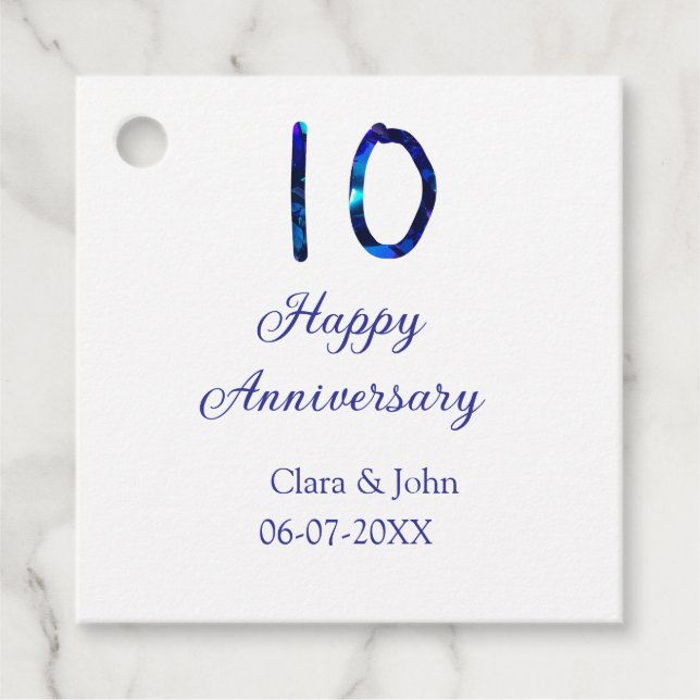 Lycklig 10-årsdagen blått glitter lägg till namn gåvor etiketter (Framsida)