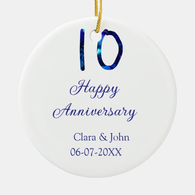 Lycklig 10-årsdagen blått glitter lägg till namn julgransprydnad keramik (Framsidan)