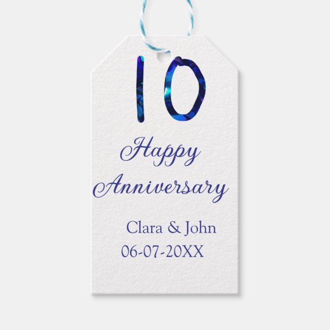 Lycklig 10-årsdagen blått glitter lägg till namn presentetikett (Framsidan)
