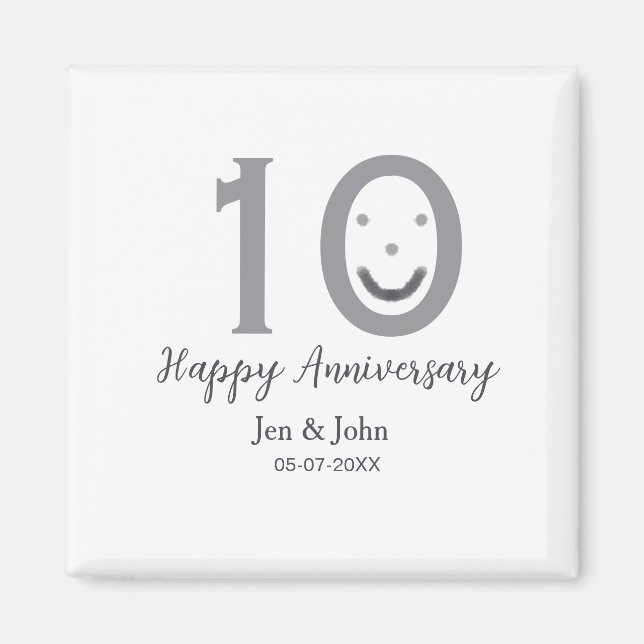 Lycklig 10-årsdagen namn datum grått fold emoji magnet (Framsidan)