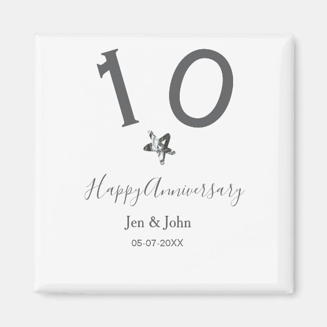 Lycklig 10-årsdagen namn datum grått metall star b magnet (Framsidan)