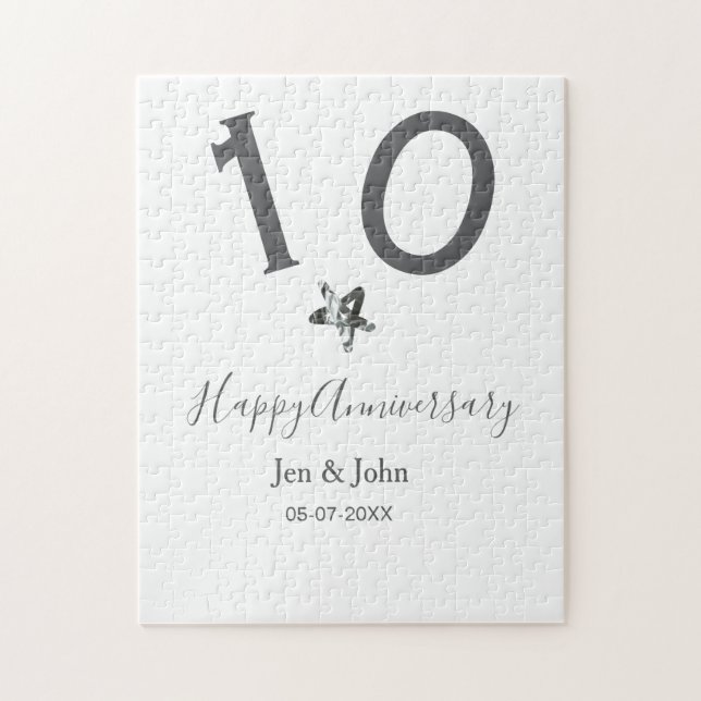 Lycklig 10-årsdagen namn datum grått metall star b pussel (Vertikal)