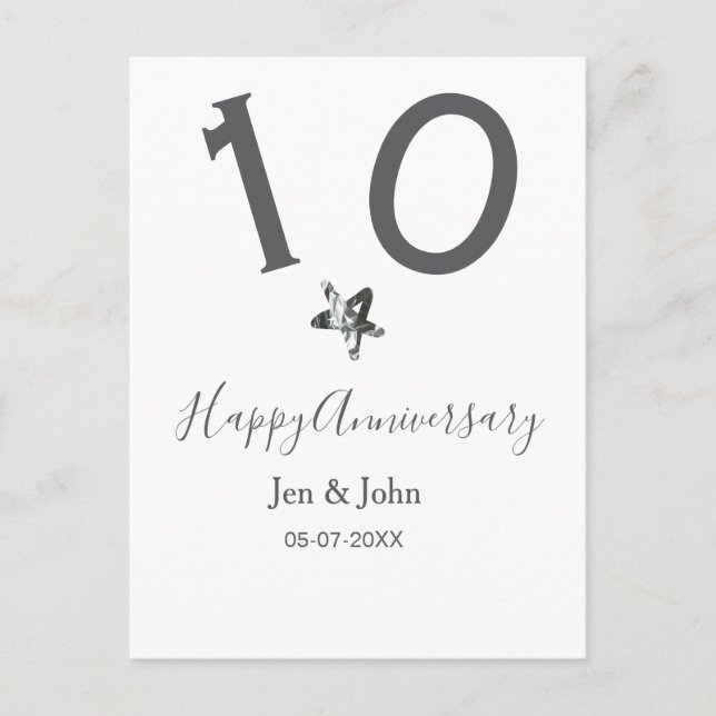 Lycklig 10-årsdagen namn datum grått metall star b vykort (Framsida)