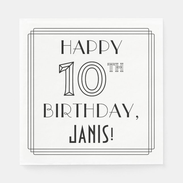LYCKLIG 10:E BIRTHDAY; Art Deco Stil; anpassat nam Pappersservett (Framsidan)