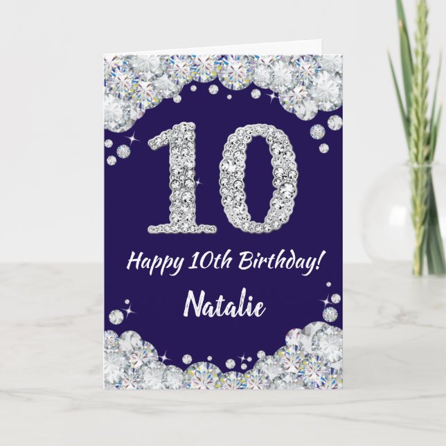 Lycklig 10:e födelsedag Blått och Silver Glitter Kort (Framsida)