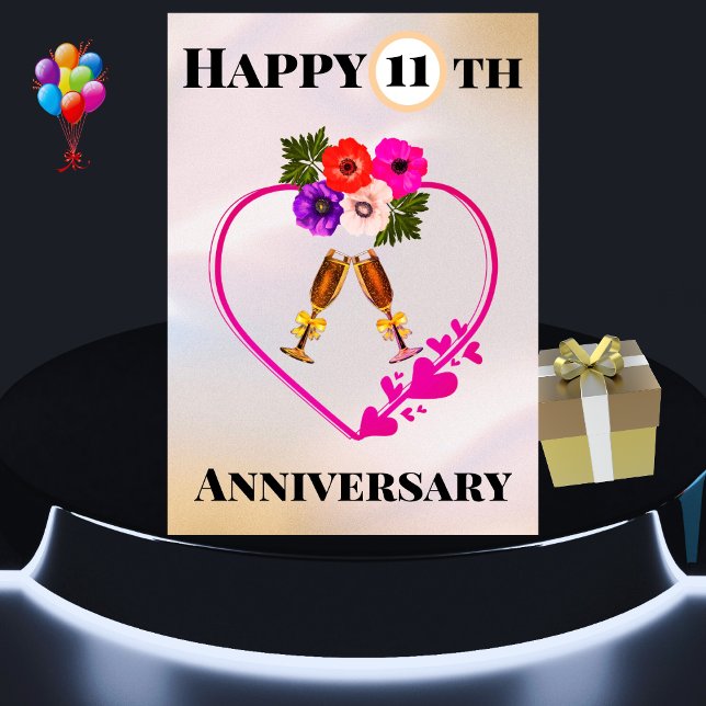 Lycklig 11-årsjubileum Vintage Blommigt Card Kort (Skapare uppladdad)