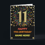 Lycklig 11:e födelsedagsfyrverkeriet Black & Guld  Kort<br><div class="desc">Roligt,  glad och färglös födelsedagskort. Fyrverkerier i ljust regnbåge färg. Faux guld stort nummer på svart. Skaffa det här trevliga kortet för att fira din vän eller familj!</div>