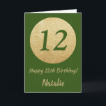 Lycklig 12:e födelsedag Grönt och Guld Glitter kor Kort<br><div class="desc">Lycklig 12:e födelsedag Grönt och Guld Glitter kort med personlig namn. Om du vill göra ytterligare anpassningar klickar du på knappen "Anpassa" och användor verktyg som är utformat för att ändra mallen.</div>