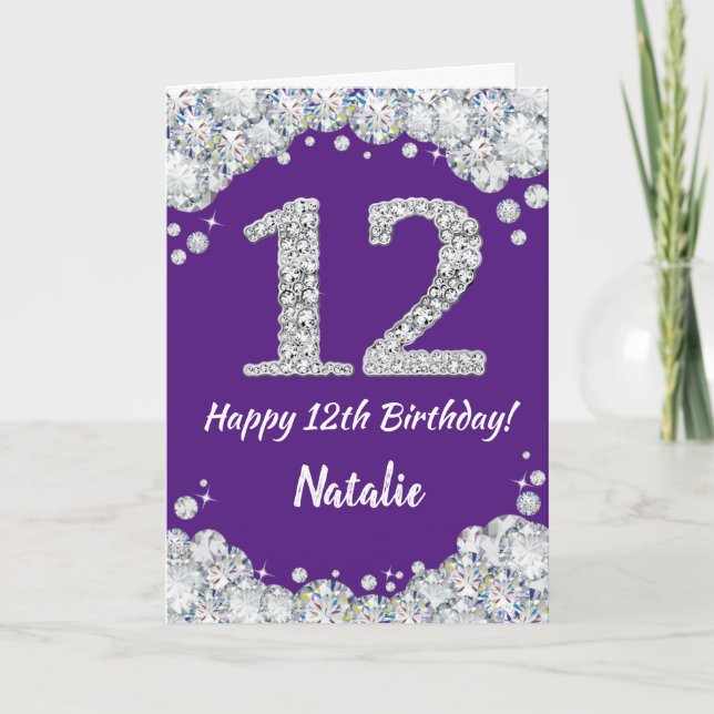 Lycklig 12:e födelsedag Lila och Silver Glitter-ko Kort (Framsida)