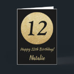 Lycklig 12:e födelsedag, svart- och Guld-Glitter-k Kort<br><div class="desc">Lycklig 12:e födelsedag Black och Guld Glitter kort med personlig namn. Om du vill göra ytterligare anpassningar klickar du på knappen "Anpassa" och användor verktyg som är utformat för att ändra mallen.</div>
