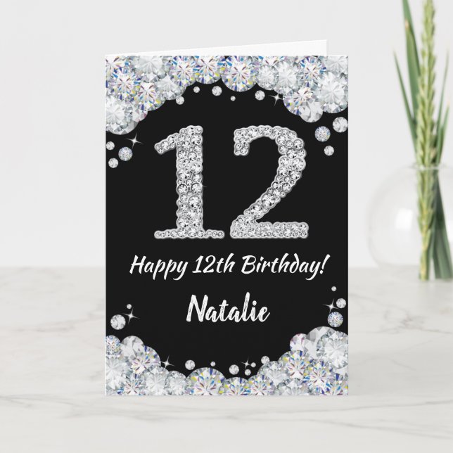 Lycklig 12:e födelsedag, svart- och Silver-Glitter Kort (Framsida)