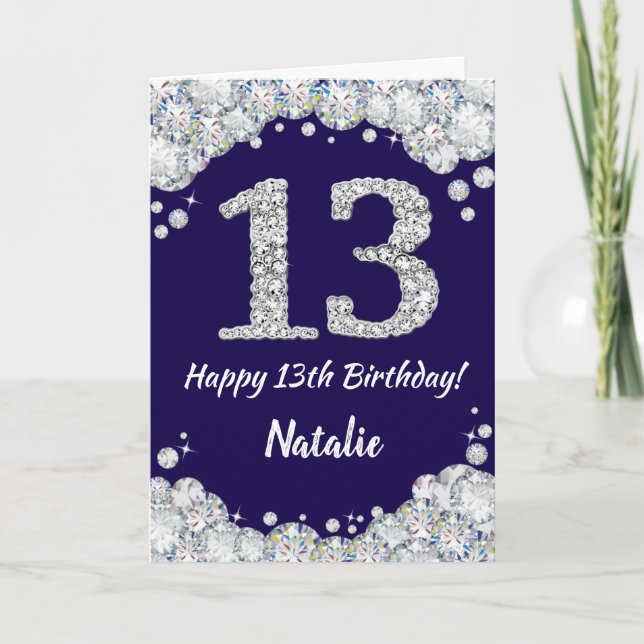Lycklig 13:e födelsedag Blått och Silver Glitter Kort (Framsida)