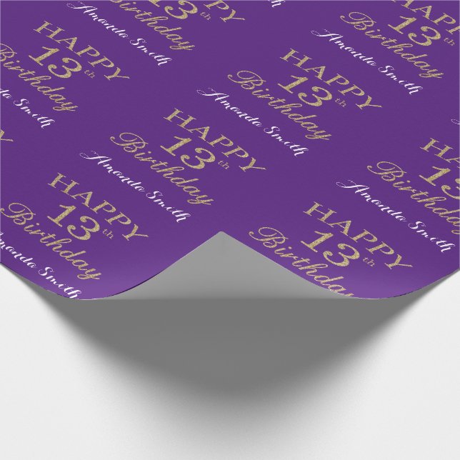 Lycklig 13:e födelsedag Guld Glitter och Lila Presentpapper (Hörn)