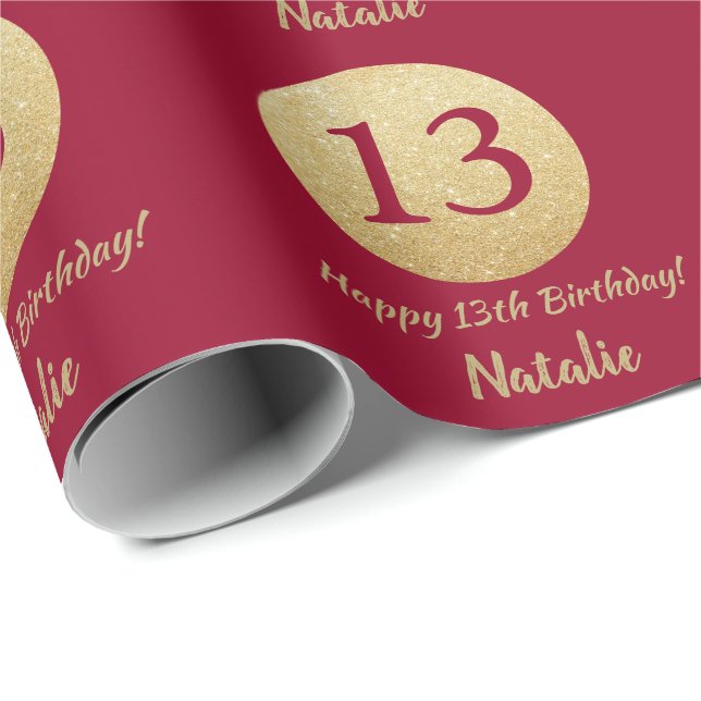 Lycklig 13:e födelsedagen Burgundy Red och Guld Gl Presentpapper (Rullad Hörn)