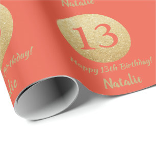 Lycklig 13:e födelsedagskorallagen Orange och Guld Presentpapper