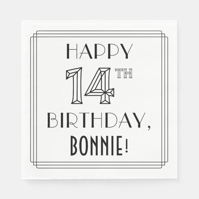 LYCKLIG 14:E BIRTHDAY; Art Deco Stil; eget namn Pappersservett (Framsidan)
