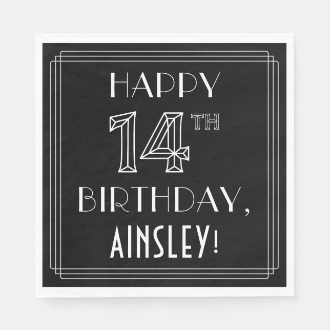 LYCKLIG 14:E BIRTHDAY; Art Deco Stil; eget namn Pappersservett (Framsidan)