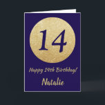 Lycklig 14:e födelsedag Blått och Guld Glitter Kort<br><div class="desc">Lycklig 14:e födelsedagskortet för marinblått och Guld Glitter med personlig namn. Om du vill göra ytterligare anpassningar klickar du på knappen "Anpassa" och användor verktyg som är utformat för att ändra mallen.</div>