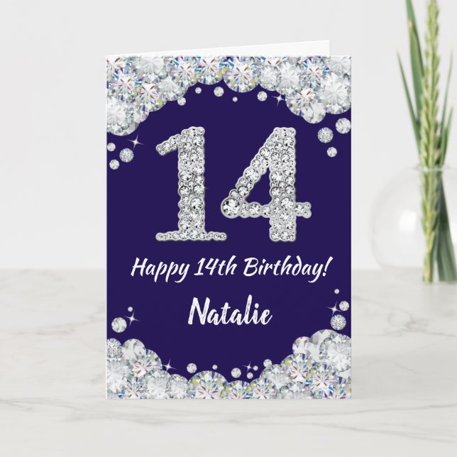 Lycklig 14:e födelsedag Blått och Silver Glitter Kort (Framsida)