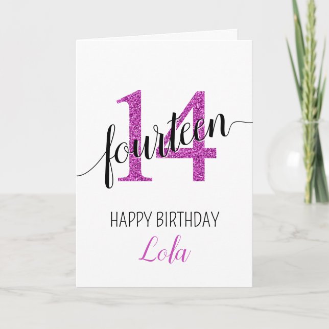 Lycklig 14:e födelsedag Rosa Glitter girly Kort (Framsida)