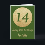Lycklig 14:e födelsedagskortet Grönt och Guld Glit Kort<br><div class="desc">Lycklig 14:e födelsedagskortet Grönt och Guld Glitter med personlig namn. Om du vill göra ytterligare anpassningar klickar du på knappen "Anpassa" och användor verktyg som är utformat för att ändra mallen.</div>
