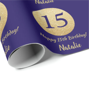 Lycklig 15:e födelsedag Blått och Guld Glitter Presentpapper