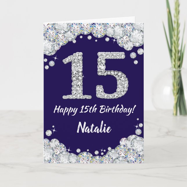Lycklig 15:e födelsedag Blått och Silver Glitter Kort (Framsida)