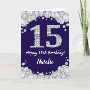 Lycklig 15:e födelsedag Blått och Silver Glitter Kort