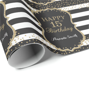 Lycklig 15:e födelsedag Guld Glitter Wrapping Pap Presentpapper