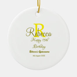 Lycklig 15: e födelsedag gult lägg till namn monog julgransprydnad keramik