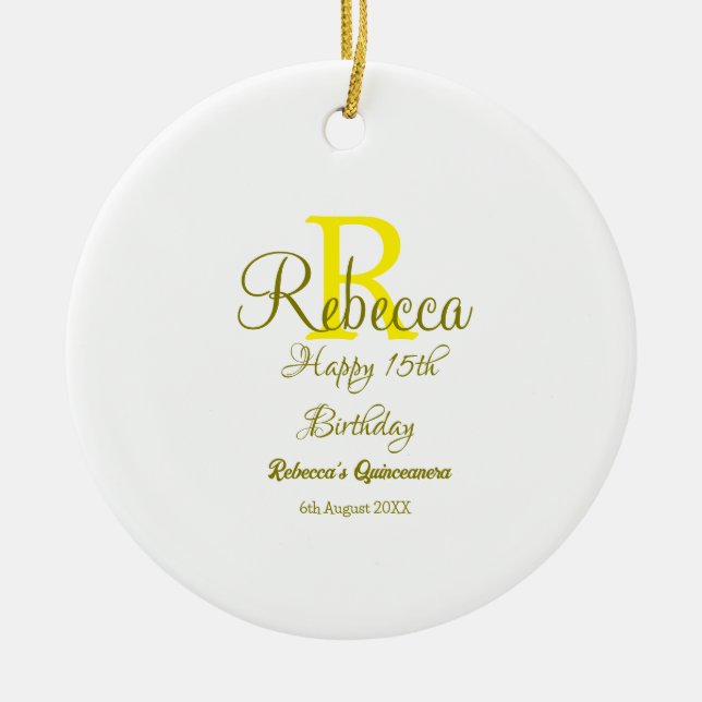 Lycklig 15: e födelsedag gult lägg till namn monog julgransprydnad keramik (Framsidan)