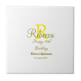 Lycklig 15: e födelsedag gult lägg till namn monog kakelplatta