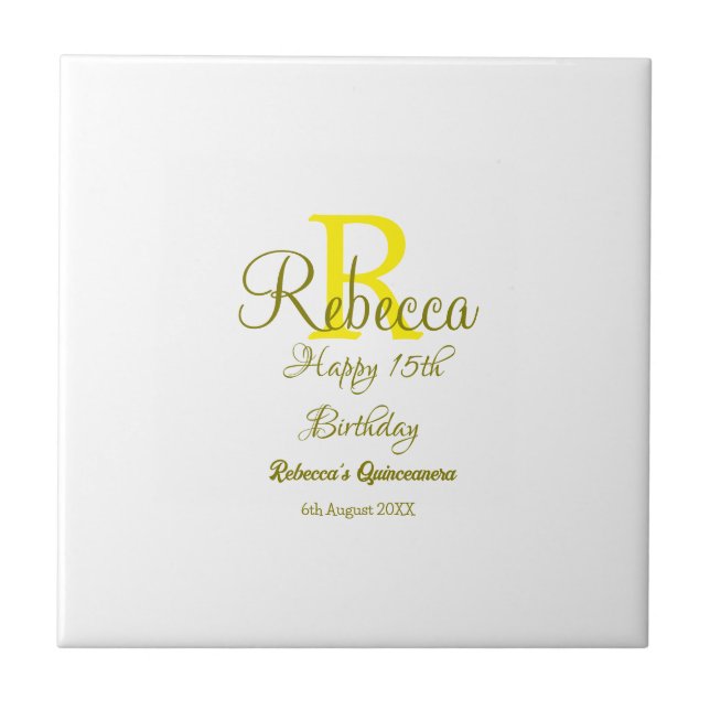 Lycklig 15: e födelsedag gult lägg till namn monog kakelplatta (Framsidan)
