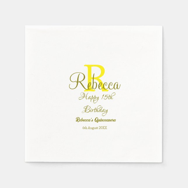 Lycklig 15: e födelsedag gult lägg till namn monog pappersservett (Framsidan)