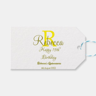 Lycklig 15: e födelsedag gult lägg till namn monog presentetikett