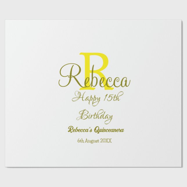 Lycklig 15: e födelsedag gult lägg till namn monog presentpapper (Platt)