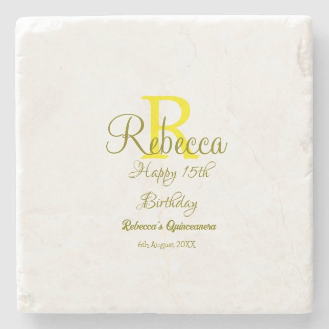 Lycklig 15: e födelsedag gult lägg till namn monog stenunderlägg (Framsidan)