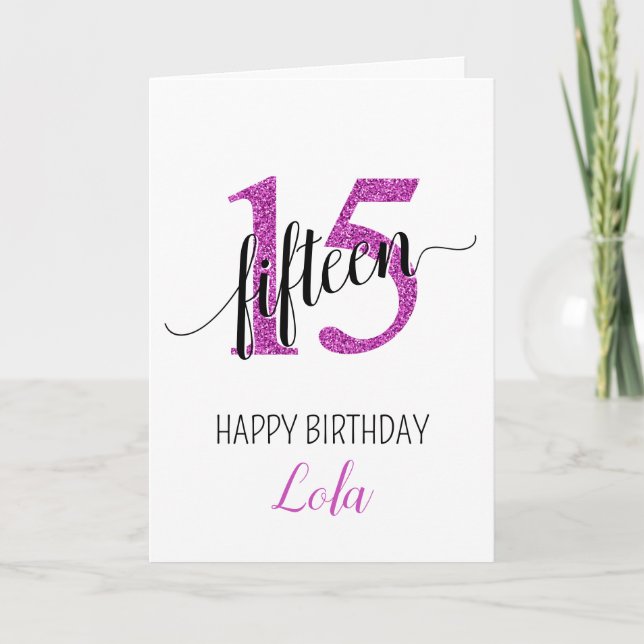 Lycklig 15:e födelsedag Rosa Glitter girly Kort (Framsida)