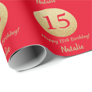 Lycklig 15:e födelsedagen: Röd och Guld Glitter Presentpapper